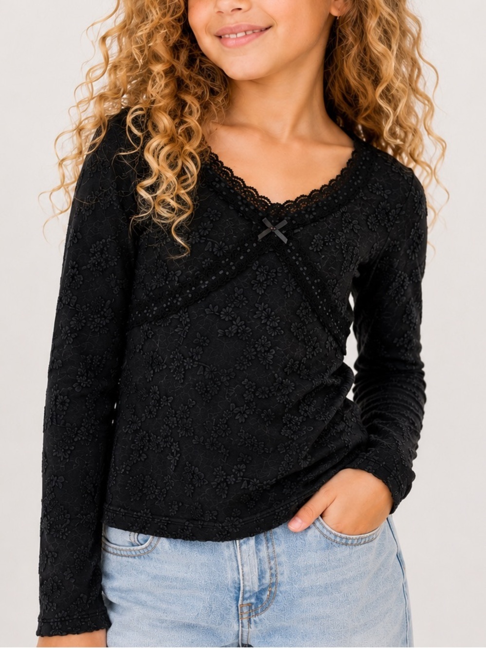๐ค OLD NAVY NWT Black Floral Lace Long Sleeve Stretch Top Girls Sz 6 to 7 Small